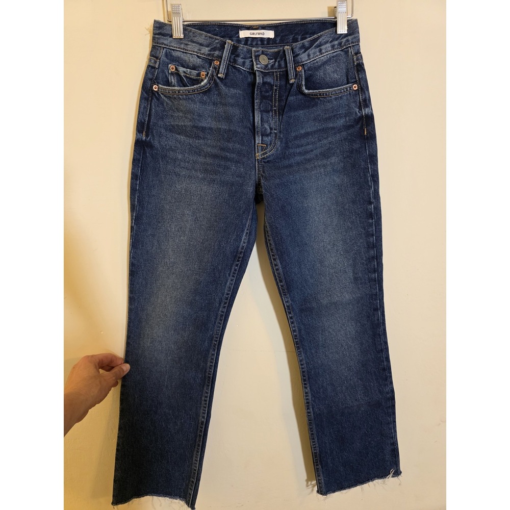 GRLFRND TATUM Sz 25 Slim Straight Curved Hem Crop Jeans Turn Blue Button Fly NWT